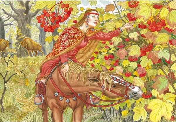 шатенка, девушка, природа, этно, ягоды, осень, народный костюм, русь, зубр, конь, лошадь