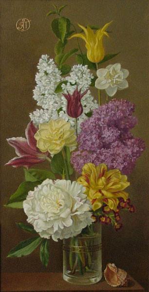 цветы, сирень, нарцисс, тюльпан, примула, пион, натюрморт