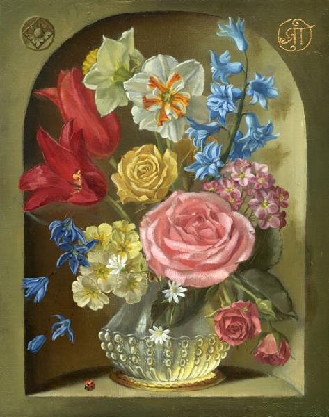 натюрморт, цветы, букет, роза, гиацинт, камнеломка, примула, нарцисс, подснежник, тюльпан
