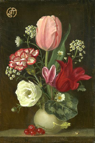 цветы, букет, гвоздика, цикламен, тюльпан
