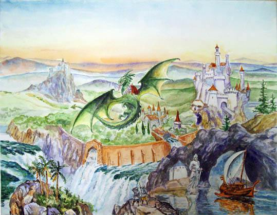 дракон, крылья, горизонт, замок, фэнтэзи, акварель, булычев, водопад, море,город, скала, художник, иллюстратор