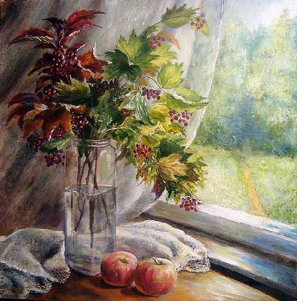 Калина,лето,яблоки,окно,натюрморт,реализм