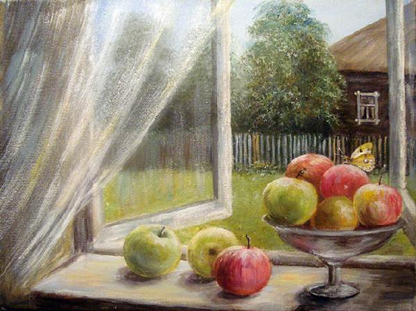 Окно, лето,деревня, яблоки, натюрморт, реализм