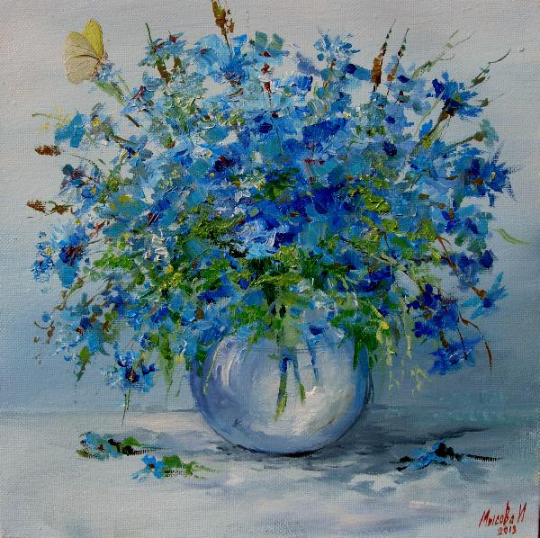 букет, букетик,цветы, цветок, синий, голубой, полевые цветы, синии цветы, голубой букет, живопись, синий букет, синние цветы, бабочка,картина, натюрморт,бабочка на цветке