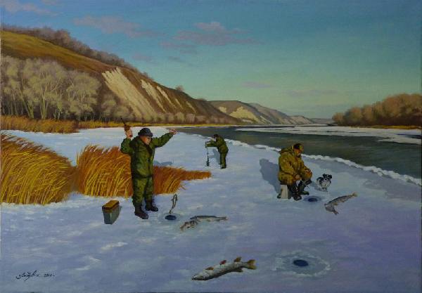 река Дон, зима,рыбаки,снег,лед,рыба,камыши