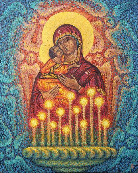 Божия Матерь с Богомладенцем на руках,  шестикрылые Херувимы,  подсвешник с горящими свечами.