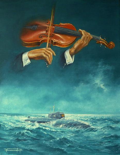 море, подводная лодка, скрипка, волны.