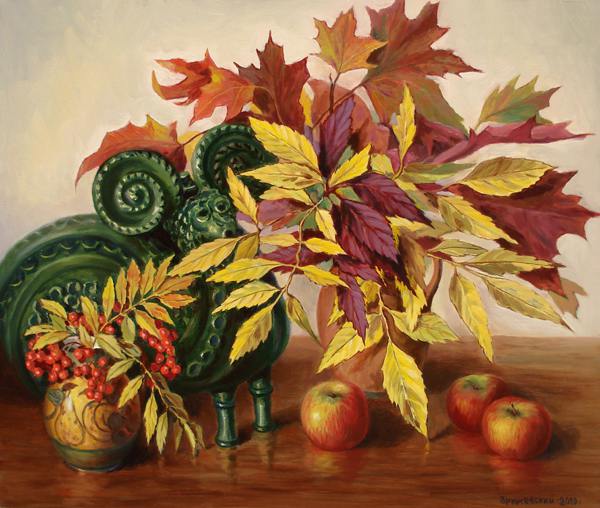осень, натюрморт, осенние, листья, яблоки, букет, цветы, ваза, керамика, рябина
