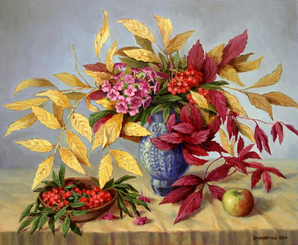 осень, листья, натюрморт, рябина, флоксы, цветы, реализм