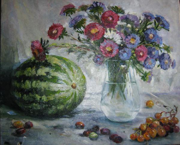 арбуз,цветы,виноград,натюрморт