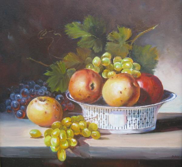 живопись, реализм, натюрморт, яблоки, виноград