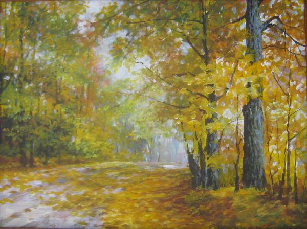 осень, лес, дорога, живопись