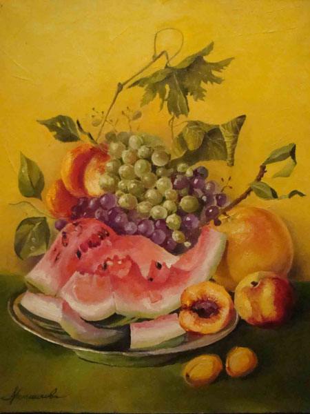натюрморт, арбуз, персики, виноград, грейпфрут