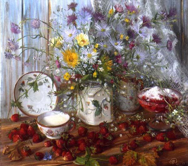 ягоды, цветы, букет, посуда, ваза