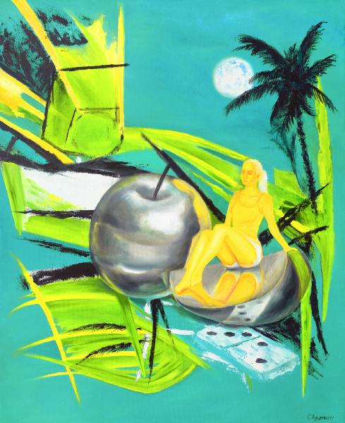 сюрреализм,фантазия,лето,пляж,девушка,яблоко,деревья,пальма,свет,отражение,зазеркалье,домино,зеленый,желтый.Луценко Сергей