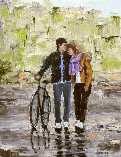 жанр,жанровая картина,люди,пара,двое,влюбленные,прогулка,велосипед,весна,Луценко Сергей,импрессионизм,реализм