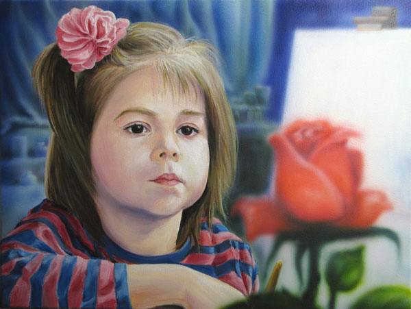 девочка, мольберт, роза, художница, портрет