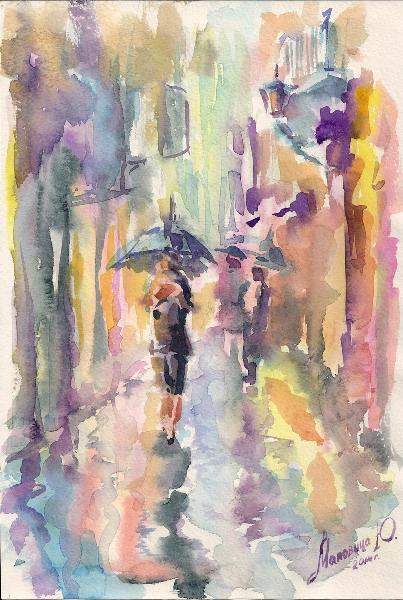 город,улица,картина,маловица,дождь,зонтики,лужи,зонты,зонтик