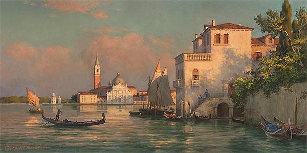 Венеция море парусники гондольер вечер лодочка храм собор
