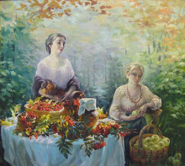 Осень, женщина,девушка, натюрморт, рябина, яблоки, цветы, сад, карзина