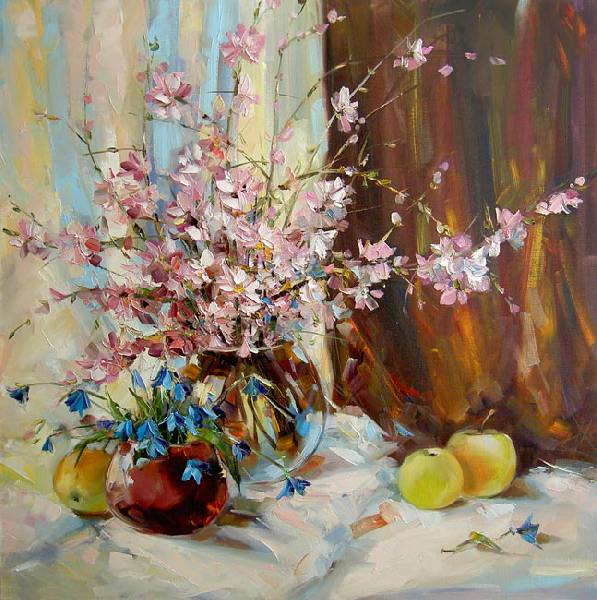 весна,натюрморт,весенний,цветы,миндаль,пролески,подснежники,яблоки.ваза,окно,