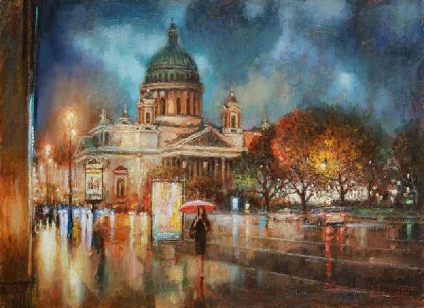 Город, Санкт-Петербург, пейзаж, дождь, Исаакиевская площадь, вечер, живопись, импрессионизм