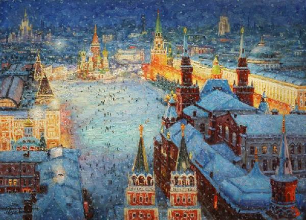 Москва, город, пейзаж, Красная площадь, зима, Новый год, картина, купить, живопись, импрессионизм