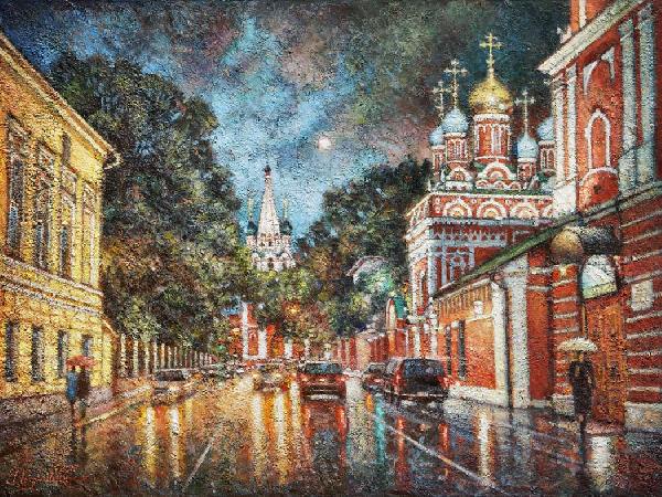 Москва, город, пейзаж, виды, картина, купить, 5-й Котельнический переулок, храмы, живопись, импрессионизм, вечер