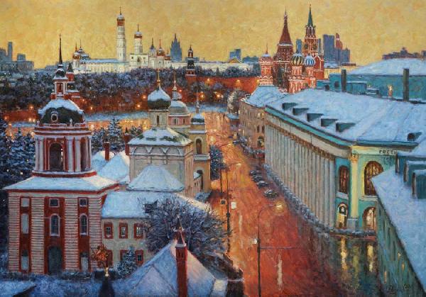 Город, пейзаж, виды Москвы, улица Варварка, Кремль, Сити, храмы, вечер, картина, купить, живопись, импрессионизм