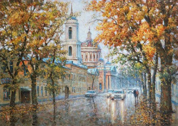 Москва, город, пейзаж, храмы, улица Александра Солженицына, осень, картина, купить, живопись, импрессионизм
