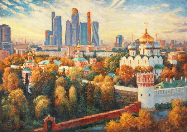 Москва, город, пейзаж, виды, Новодевичий монастырь, картина, купить, храмы, осень, живопись, импрессионизм, Москва-Сити