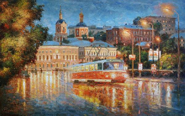 Москва, город, пейзаж, трамвай, Яузские Ворота, площадь, вечер, живопись, импрессионизм, картина, купить, храмы