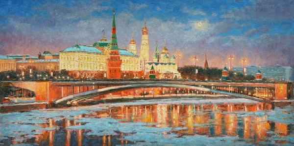 Кремлевская набережная, Большой Кремлевский дворец, Московский пейзаж, Кремль, зима, ночь, живопись, луна