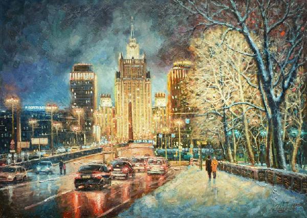 Москва, МИД, Бородинский мост, зима, вечер, Московский пейзаж, город, фонари, живопись, импрессионизм