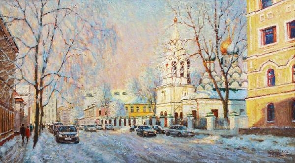 Москва, улица,  Большая Ордынка, храм, городской пейзаж, зима, солнце, картина, купить, живопись, импрессионизм