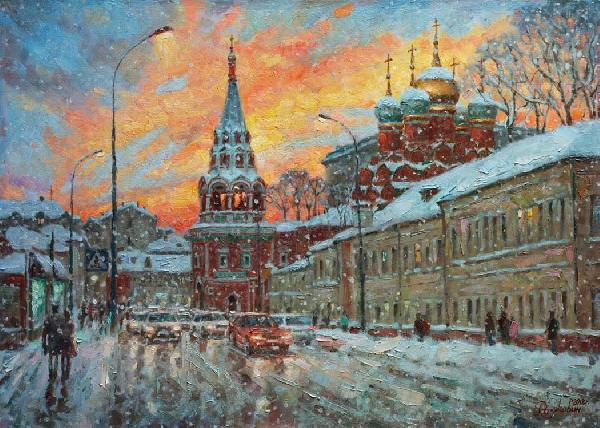 Москва, городской пейзаж, улица, Большая Полянка, храм, зима, закат, вечер, снег, купить, картина, живопись, импрессионизм