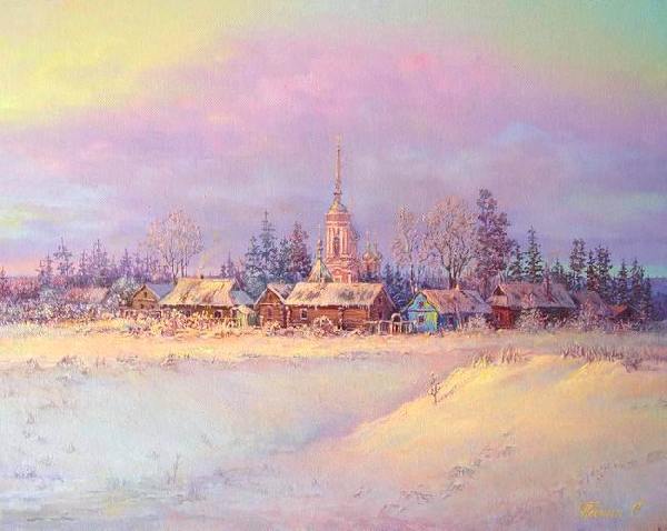 Зима, вечер, храм, село, Суздаль, снег, простор, пейзаж.