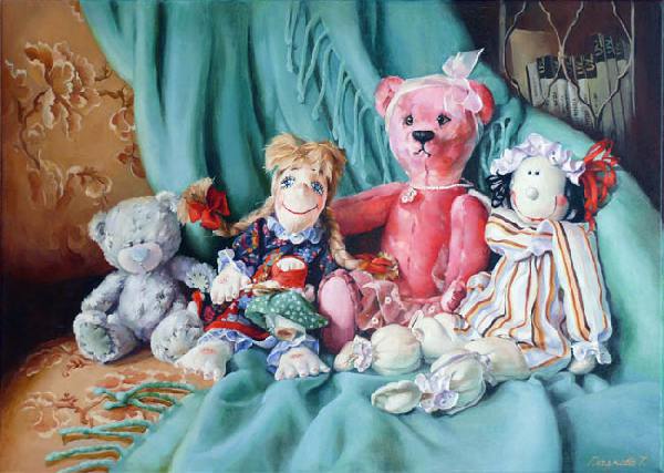 Мишки, девчонки, посиделки, куклы. Bears, little girls, a sit-round gathering, dolls.