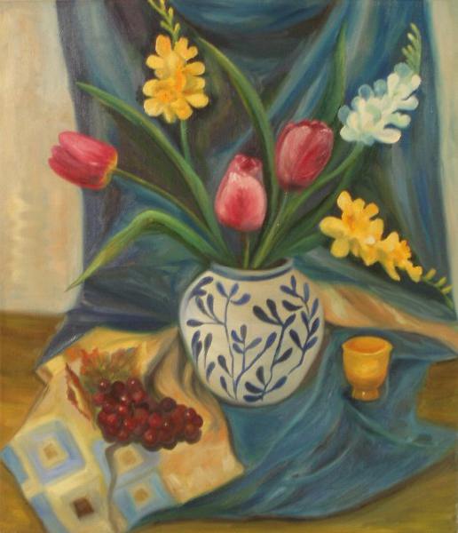 тюльпан, цветок, виноград, драпировка, ваза