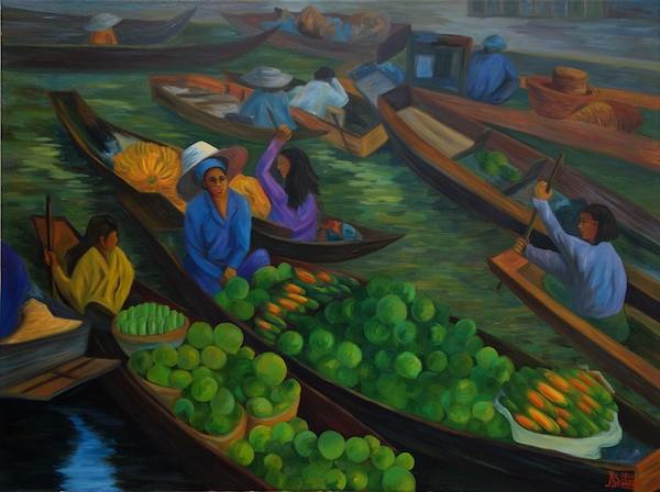 вода, лодка, рынок, фрукты, овощи, вода