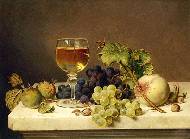 Still life with plums, grapes and nuts