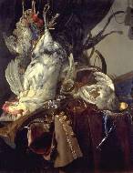 Still life of dead birds and hunting weapons