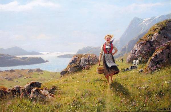 пастушка фьерд фьорд озеро дерево пейзаж альпы девушка женщина
