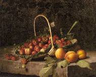 A basket of strawberries and peaches on a stone ledge
