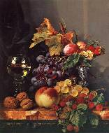 A still life of fruit, walnuts and a glass of wine on a marble ledge