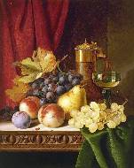 Still life with grapes, peaches, wine goblet and covered flask