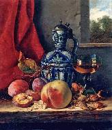 Still life with peaches, whitecurrants, hazelnuts, a glass and a stoneware jug