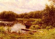 A boat moored on a quiet lake