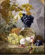 Still life with fruit and an up-turned basket redcurrant