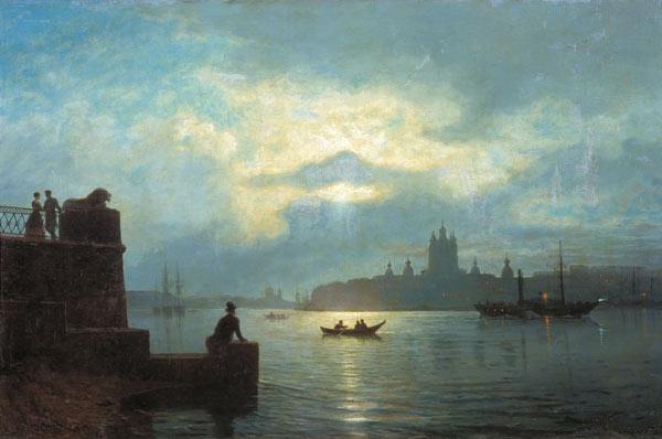 небо ночь нева река петербург набережная лодка